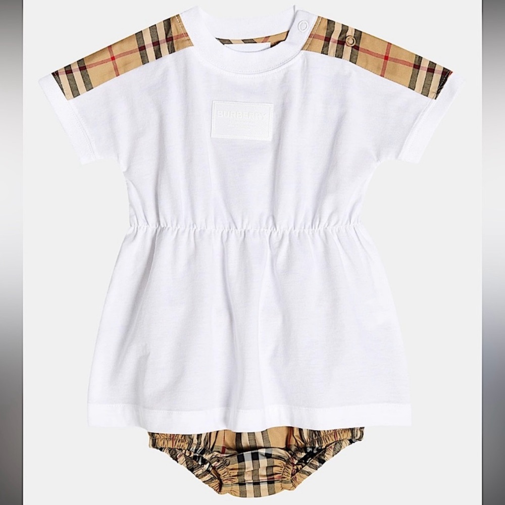 Burberry White Baby Dress with Checkered Accents
